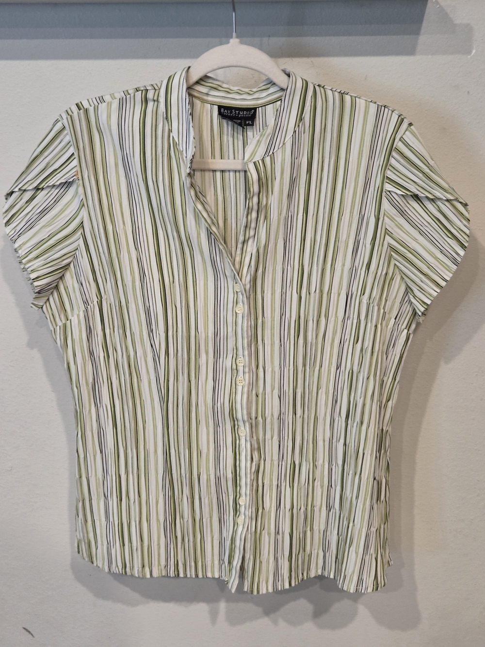 Bay Studio Green, White and Black Striped Career Blouse
